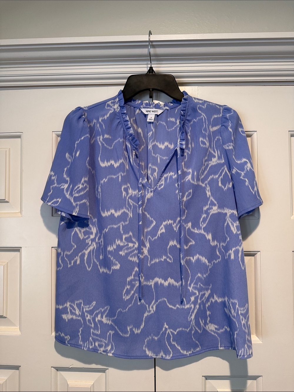 Nine West Periwinkle Blue Floral-Print Tie-Neck Blouse